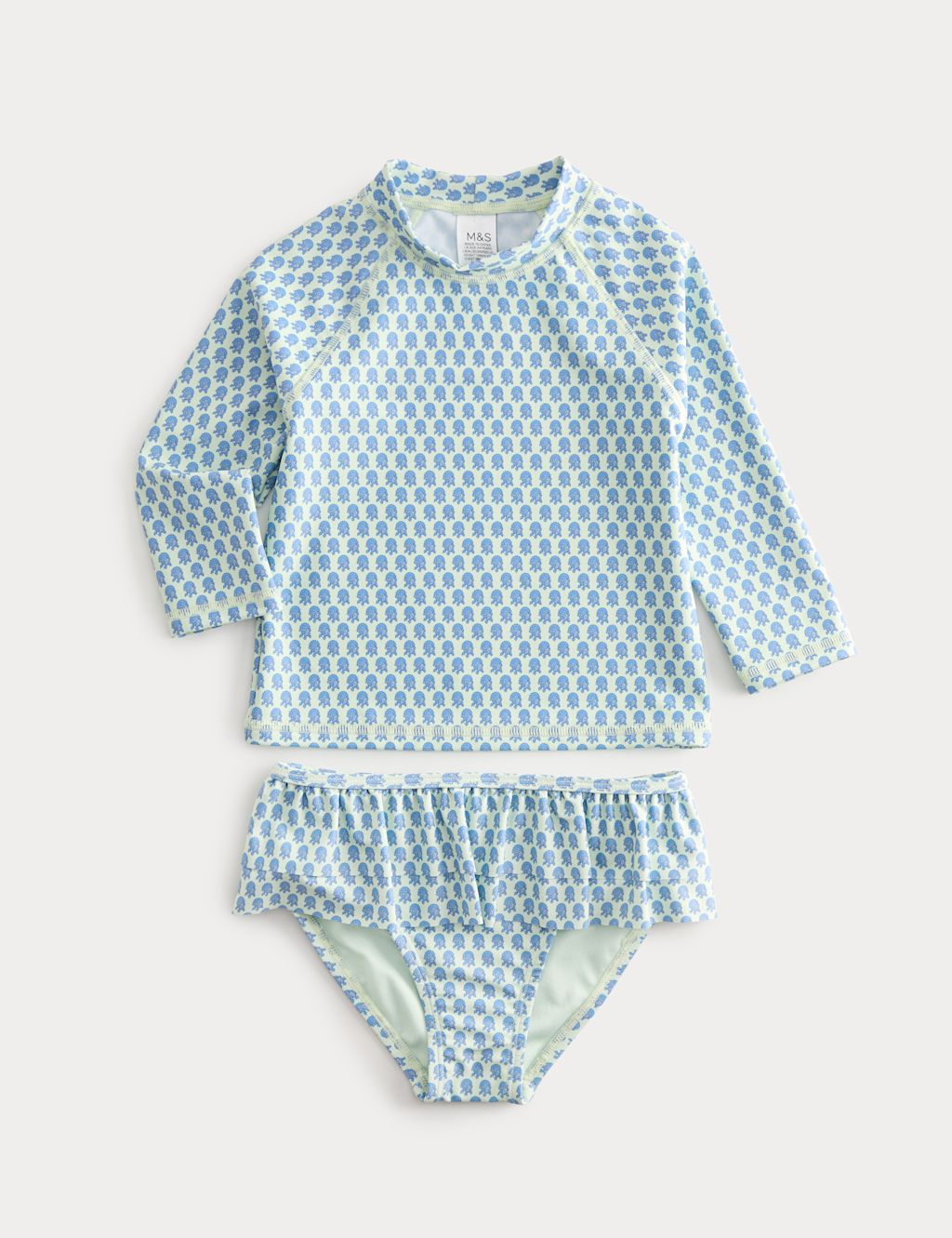 M&S 2 Piece Floral Block Print Swim Set (2-8 Yrs) - 6-7 Years - Green Mix, Green Mix