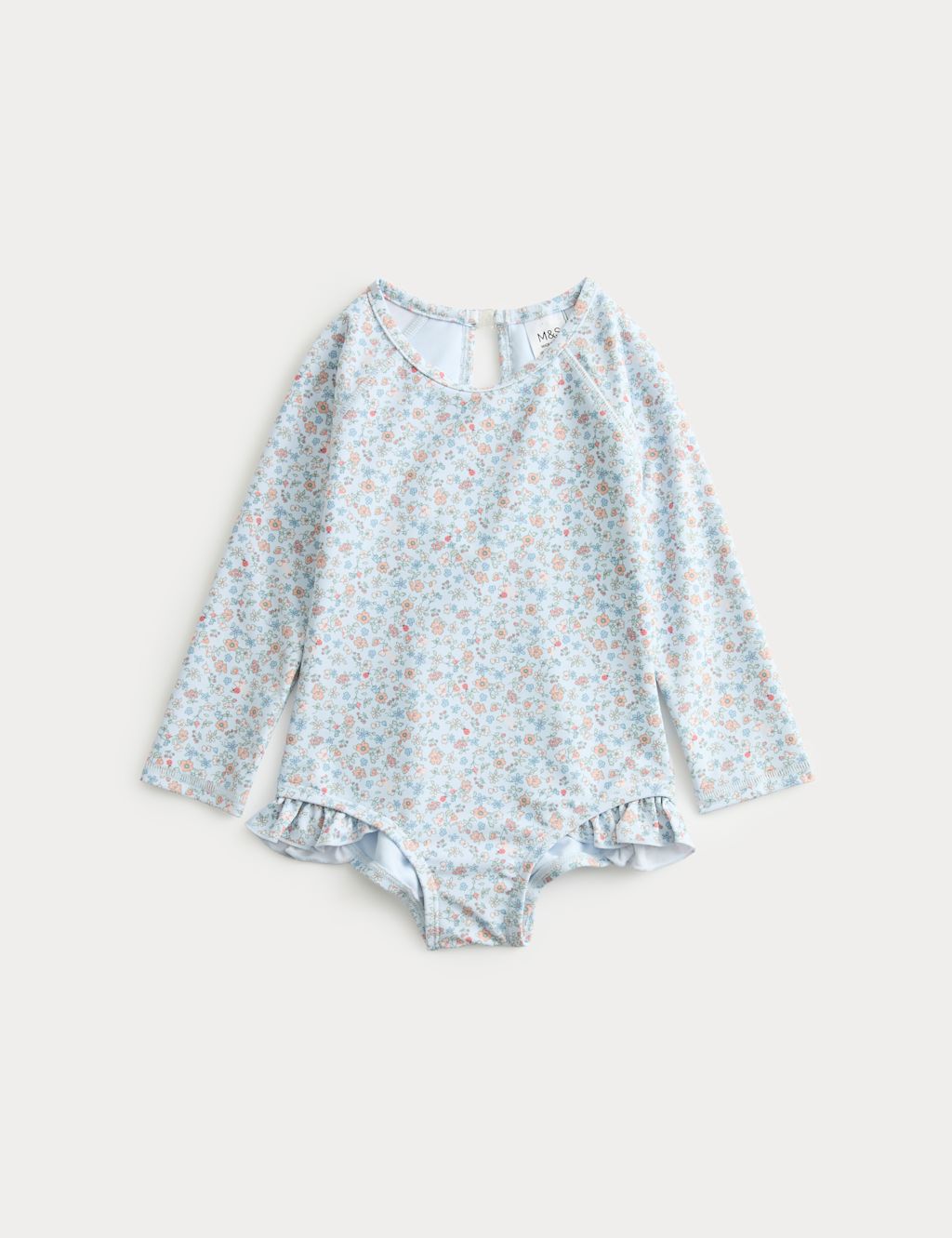 M&S Ditsy Floral Long Sleeve Swimsuit (0-18 Mths) - 0-3 Months - Blue Mix, Blue Mix