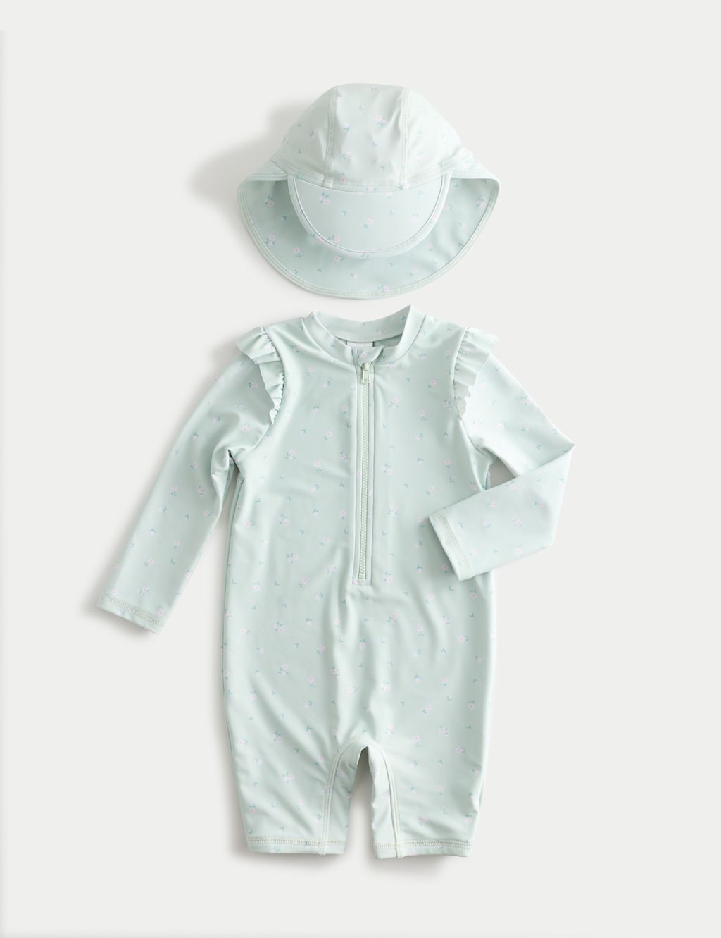 M&S 2 Piece Floral Swimsuit & Hat Set (0-3 Yrs) - 0-3 Months - Green, Green