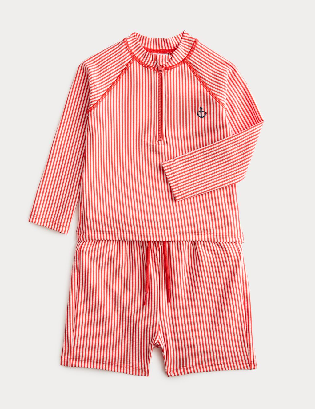 M&S 2 Piece Striped Seersucker Long Sleeve Swim Set (0-3 Yrs) - 0-3 Months - Red Mix, Red Mix