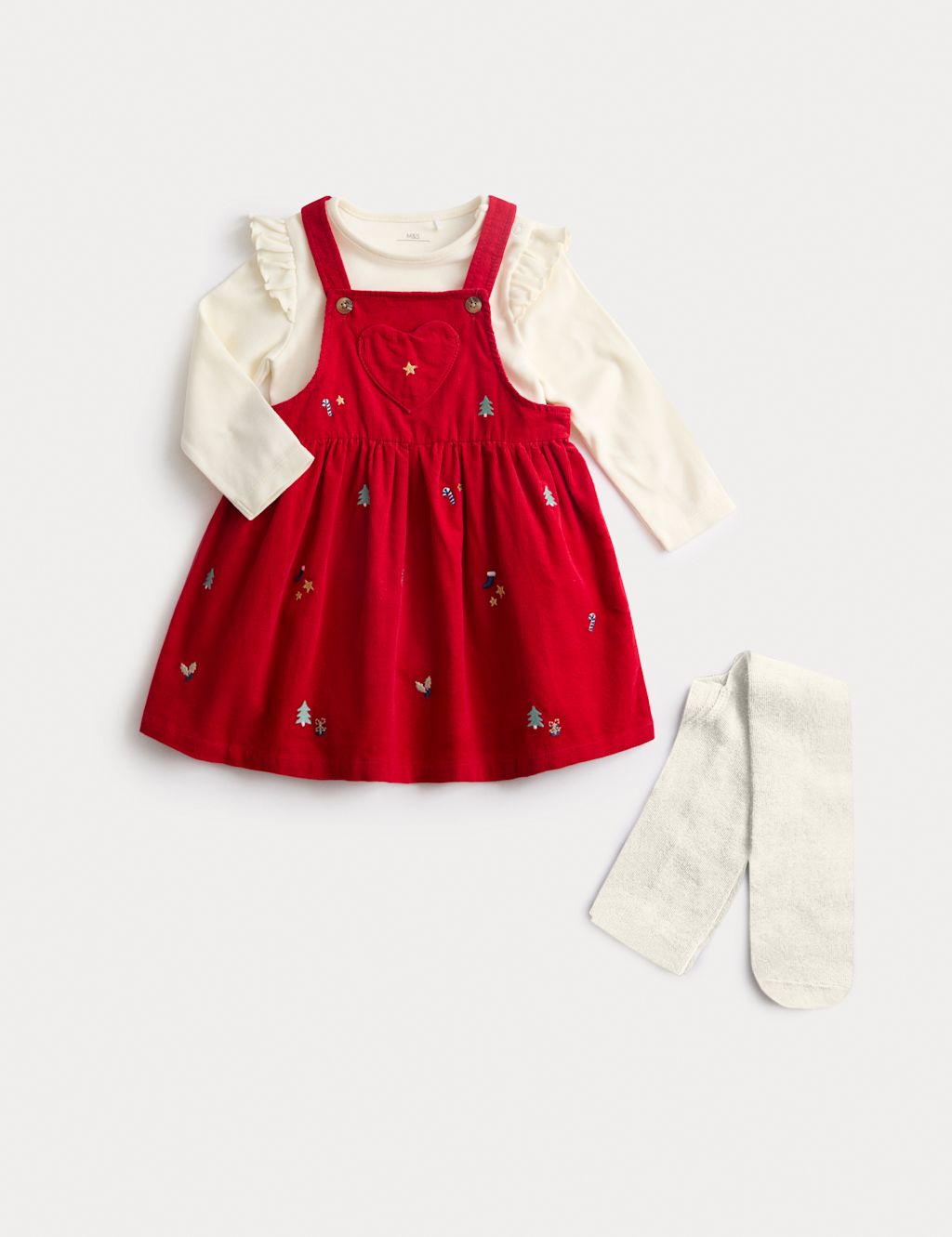 M&S 3pc Cotton Rich Christmas Dress with Tights - 0-3 M - Red, Red