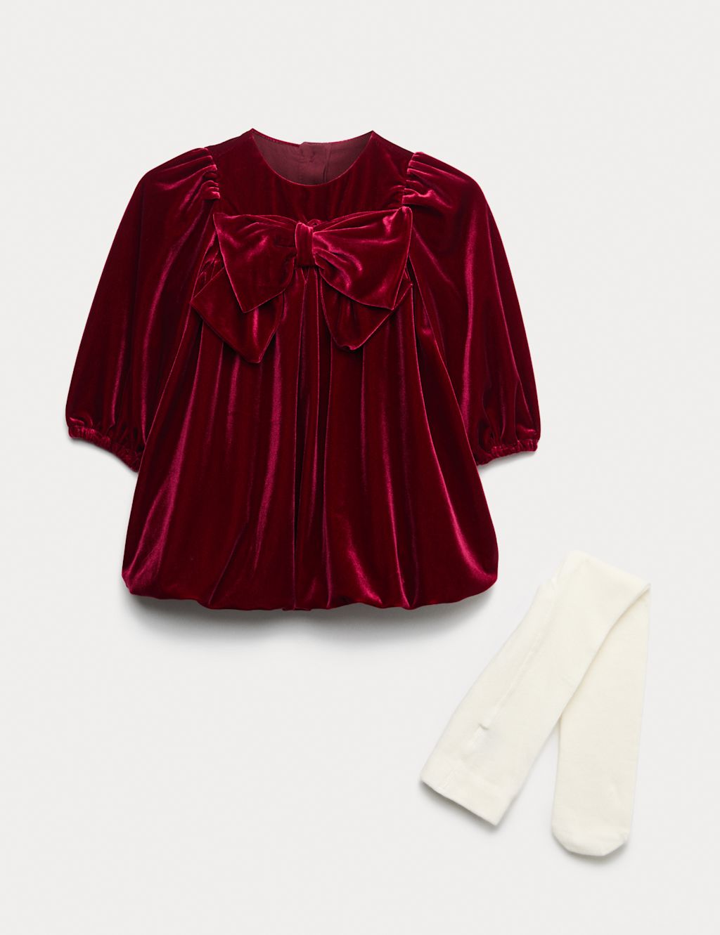 M&S 2pc Velvet Bow Dress with Tights (0-6 Yrs) - 12-18 - Red Mix, Red Mix
