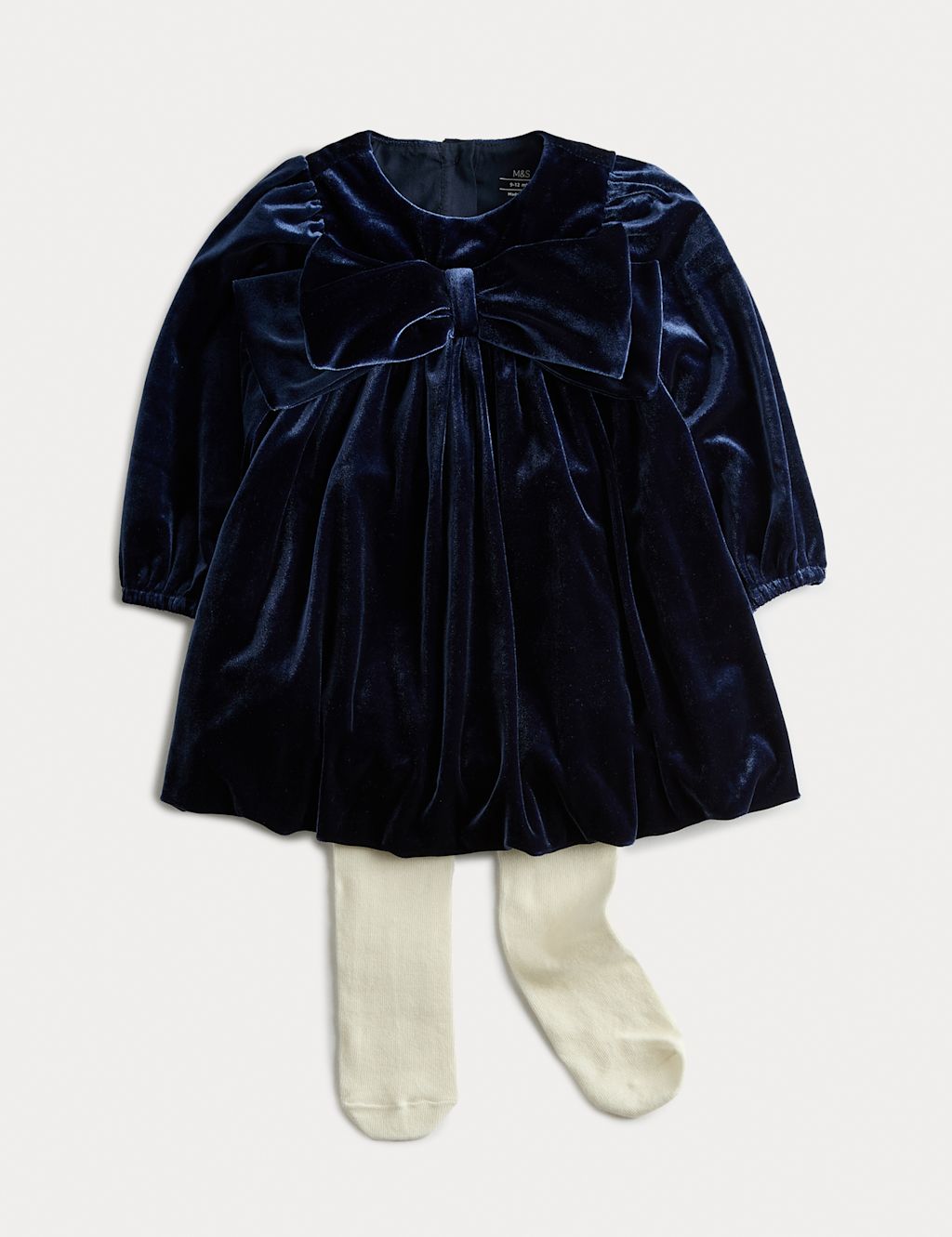 M&S 2pc Velvet Bow Dress with Tights (0-6 Yrs) - 18-24 - Navy Mix, Navy Mix