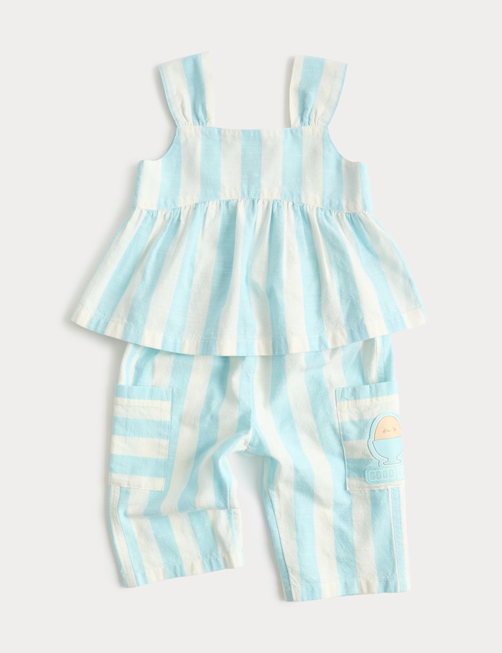 M&S 2 Piece Pure Cotton Striped Top & Trousers (0-5 Yrs) - 0-3 Months - Blue Mix, Blue Mix