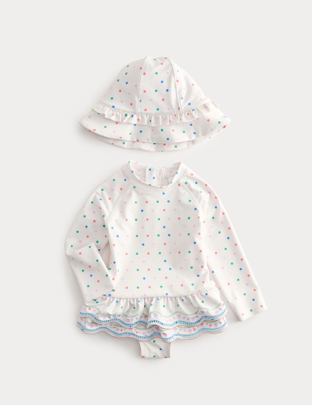 M&S 2 Piece Polka Dot Swimsuit with Hat (0-5 Yrs) - 0-3 Months - White Mix, White Mix