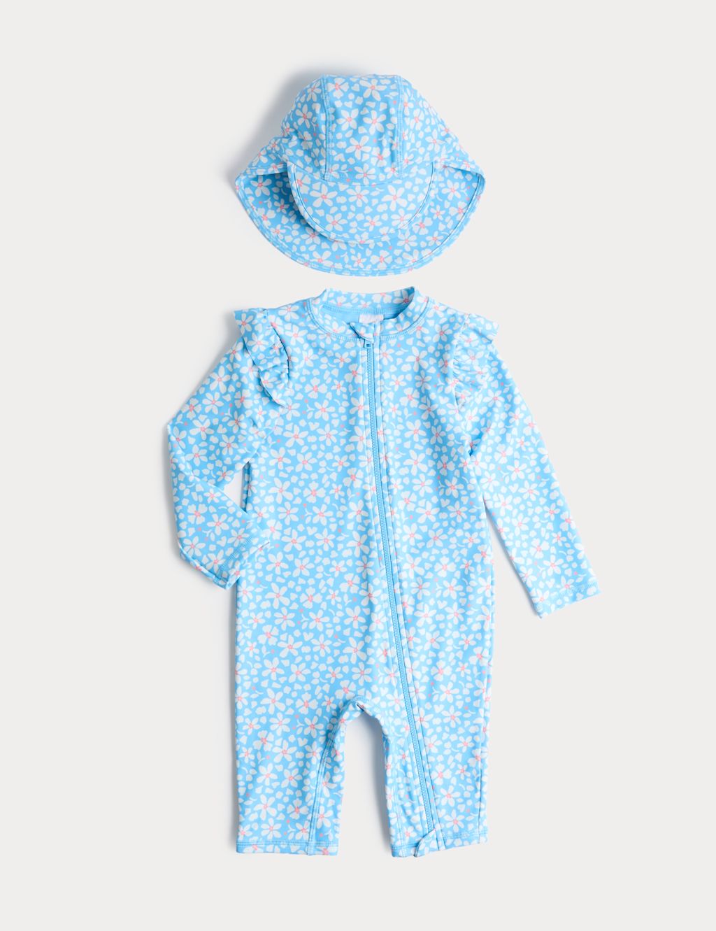 M&S 2 Piece Daisy All In One Swimsuit and Hat (0-5 Yrs) - 0-3 Months - Blue Mix, Blue Mix