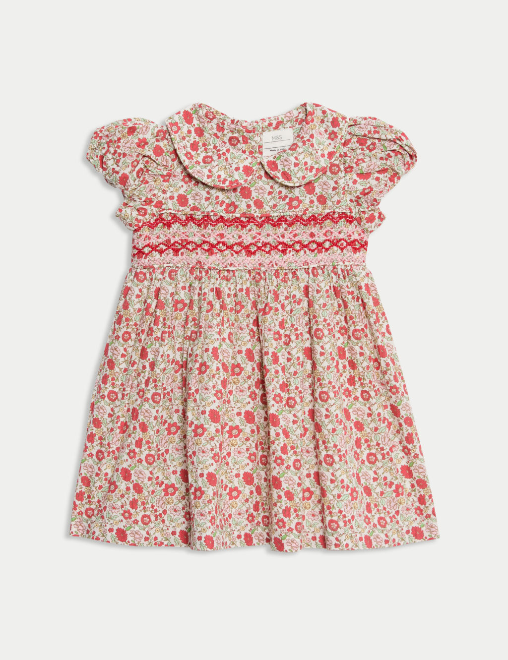 M&S Pure Cotton Floral Dress (0-3 Yrs) - 0-3 M - Red, Red