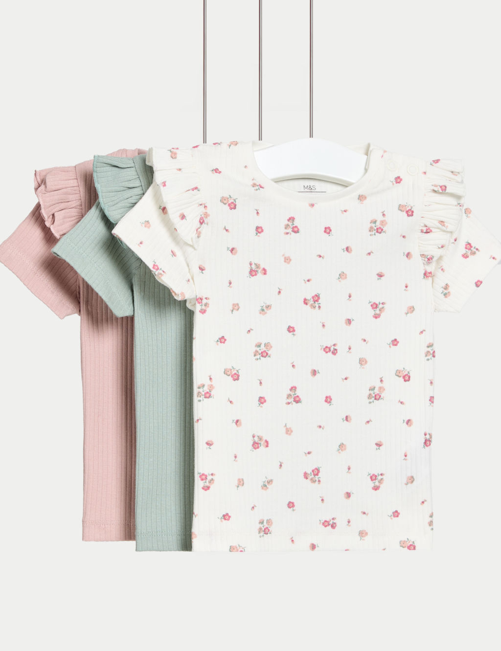 M&S 3pk Cotton Rich Floral & Ribbed Tops (0-3 Yrs) - 2-3Y - Multi, Multi