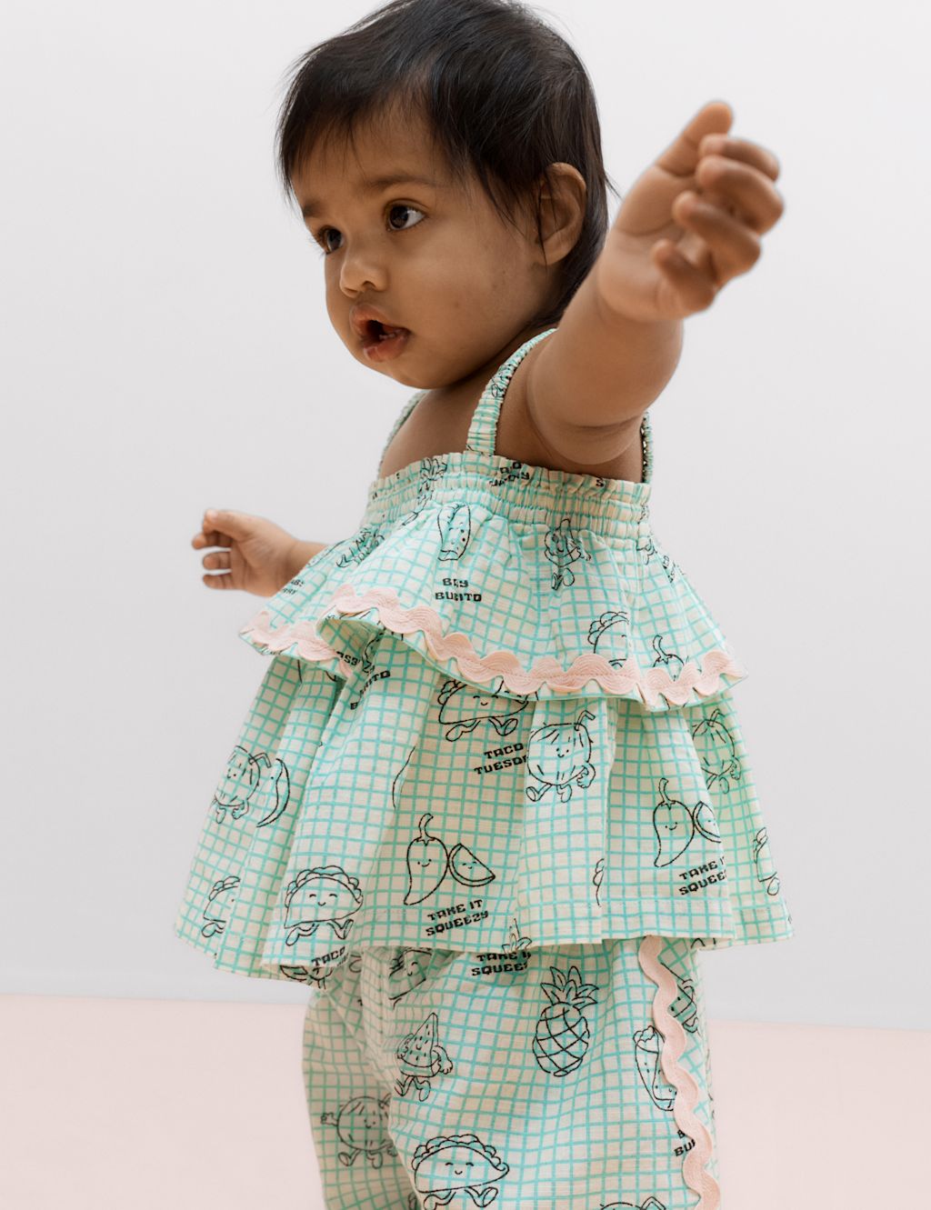 M&S 2 Piece Pure Cotton Taco Top & Trouser Outfit (0-5 Yrs) - 0-3 Months - Green Mix, Green Mix