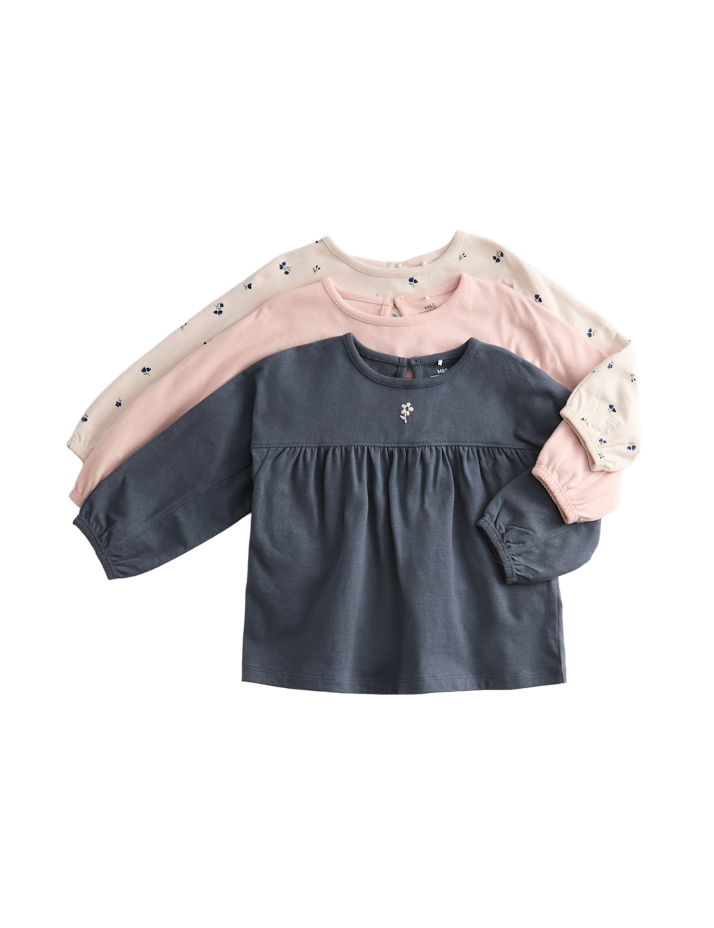 M&S 3pk Pure Cotton Ditsy Floral & Plain Tops (0-3 Yrs) - 6-9 M - Multi, Multi