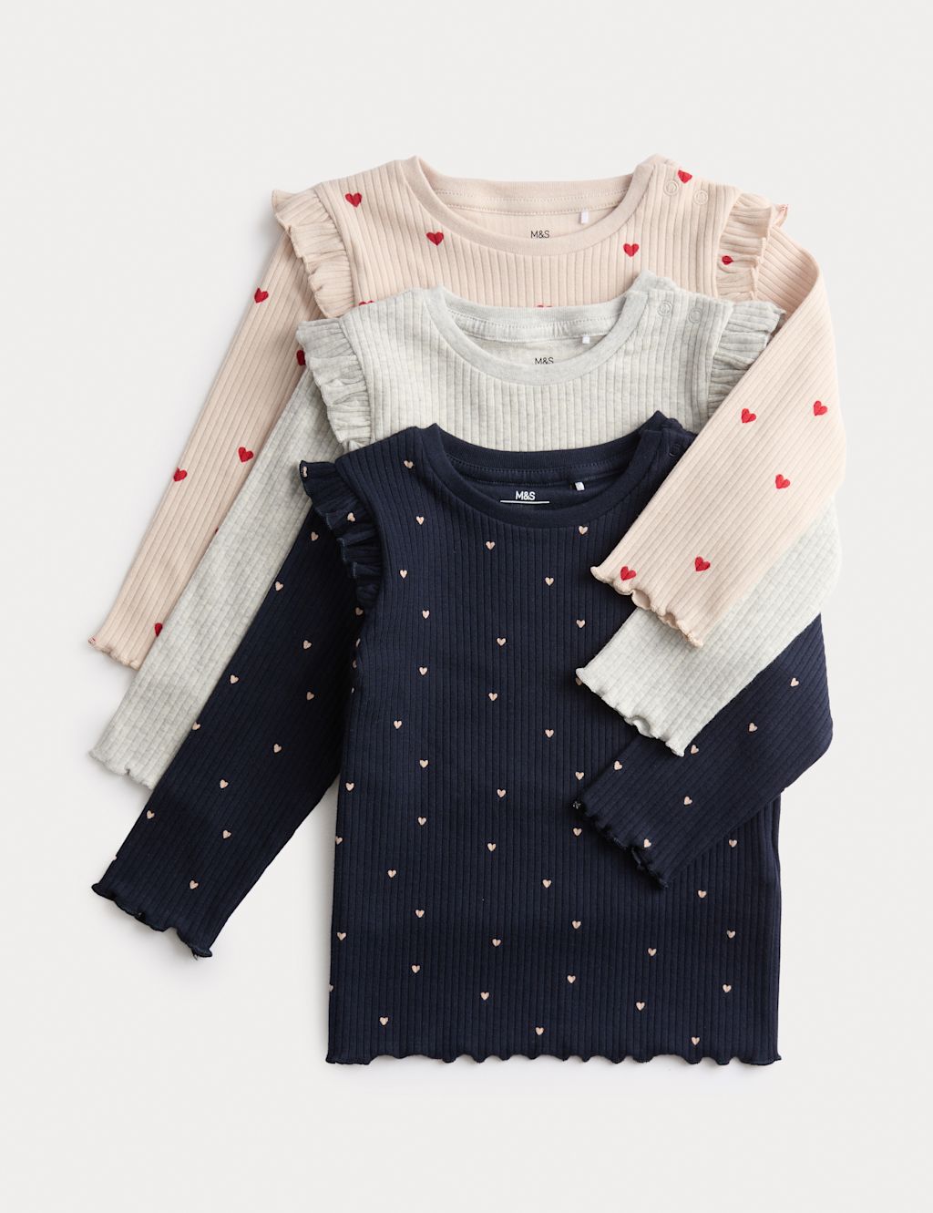 M&S 3pk Cotton Rich Heart Frill Tops (0 Mths-3 Yrs) - 0-3 M - Navy Mix, Navy Mix