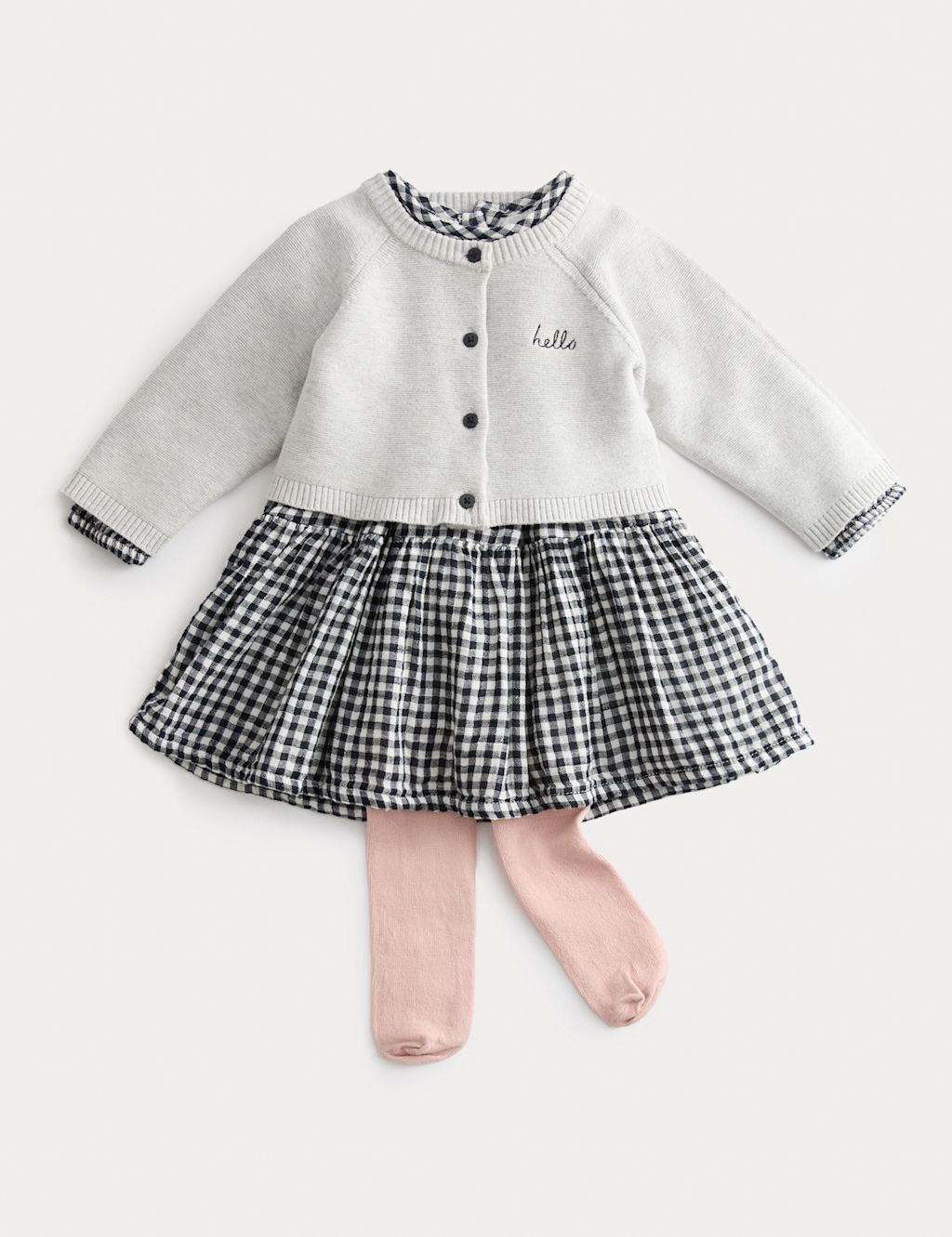 M&S Cotton Rich Gingham Dress with Cardigan (0-6 Yrs) - 0-3 M - Charcoal Mix, Charcoal Mix