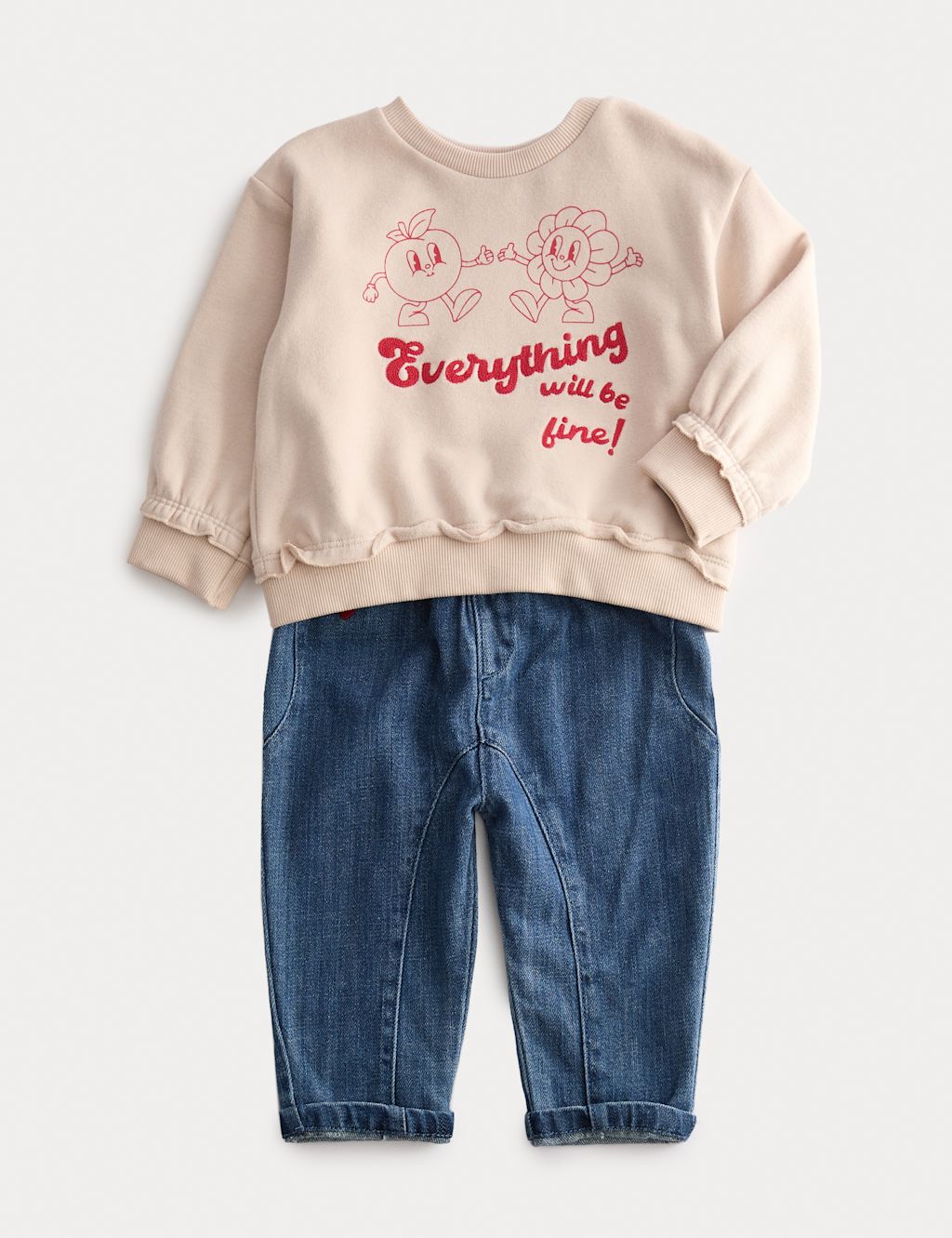 M&S 2pc Cotton Rich Graphic Top and Jeans Outfit (0 Mths-6 Yrs) - 0-3 M - Cream Mix, Cream Mix