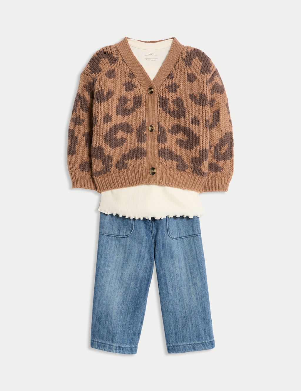 M&S 3pc Leopard Print Cardigan Outfit (0 Mths-6 Yrs) - 0-3 M - Brown Mix, Brown Mix
