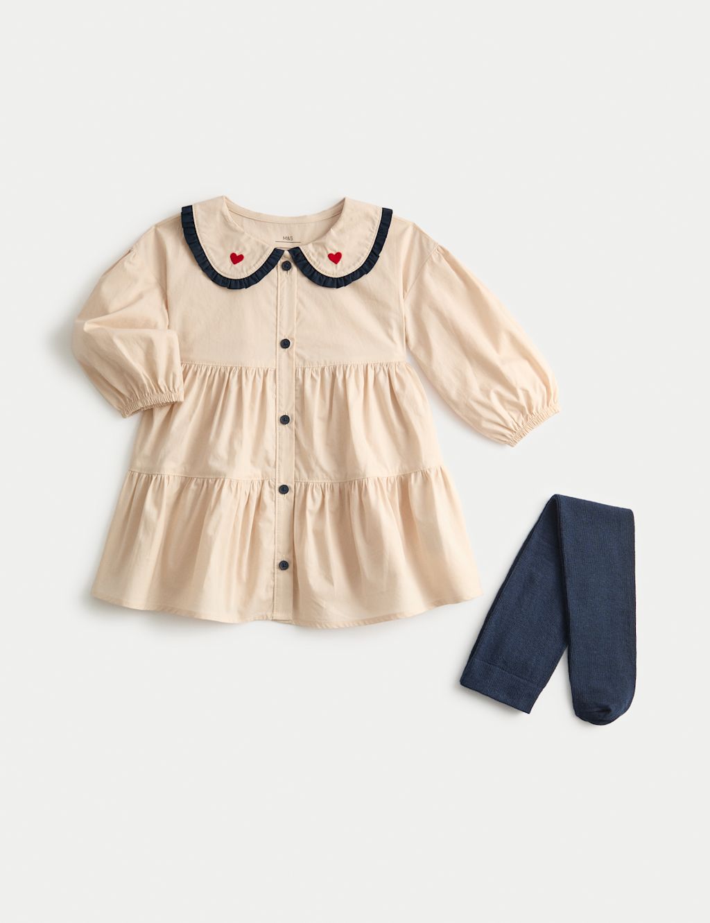 M&S Pure Cotton Heart Collar Dress with Tights (0-6 Yrs) - 2-3Y - Cream, Cream