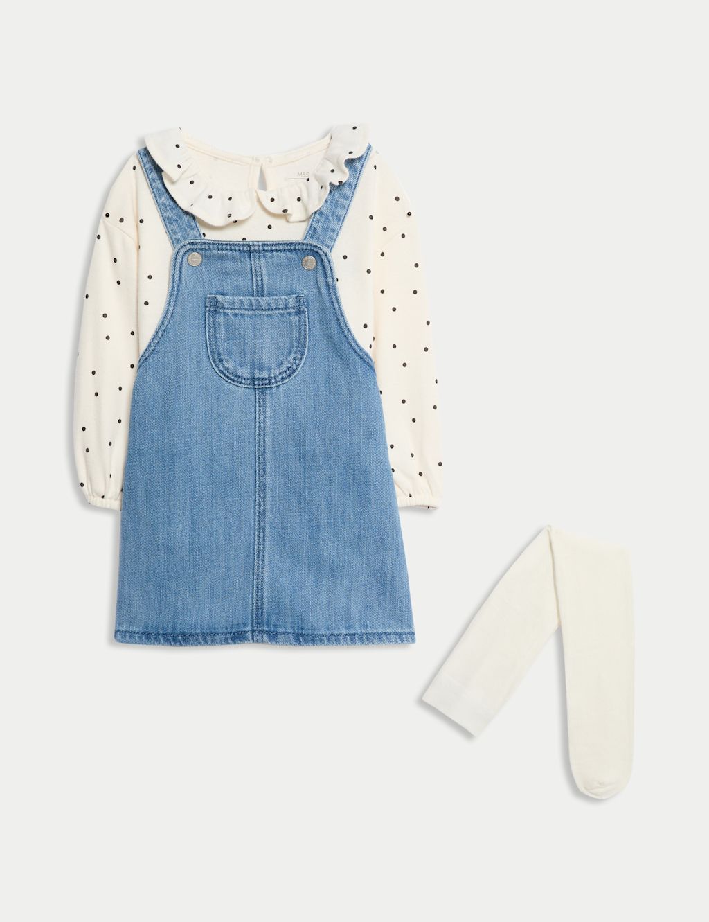 M&S 3pc Cotton Rich Spot Dress Outfit with Tights (0-3 Yrs) - 18-24 - Denim, Denim
