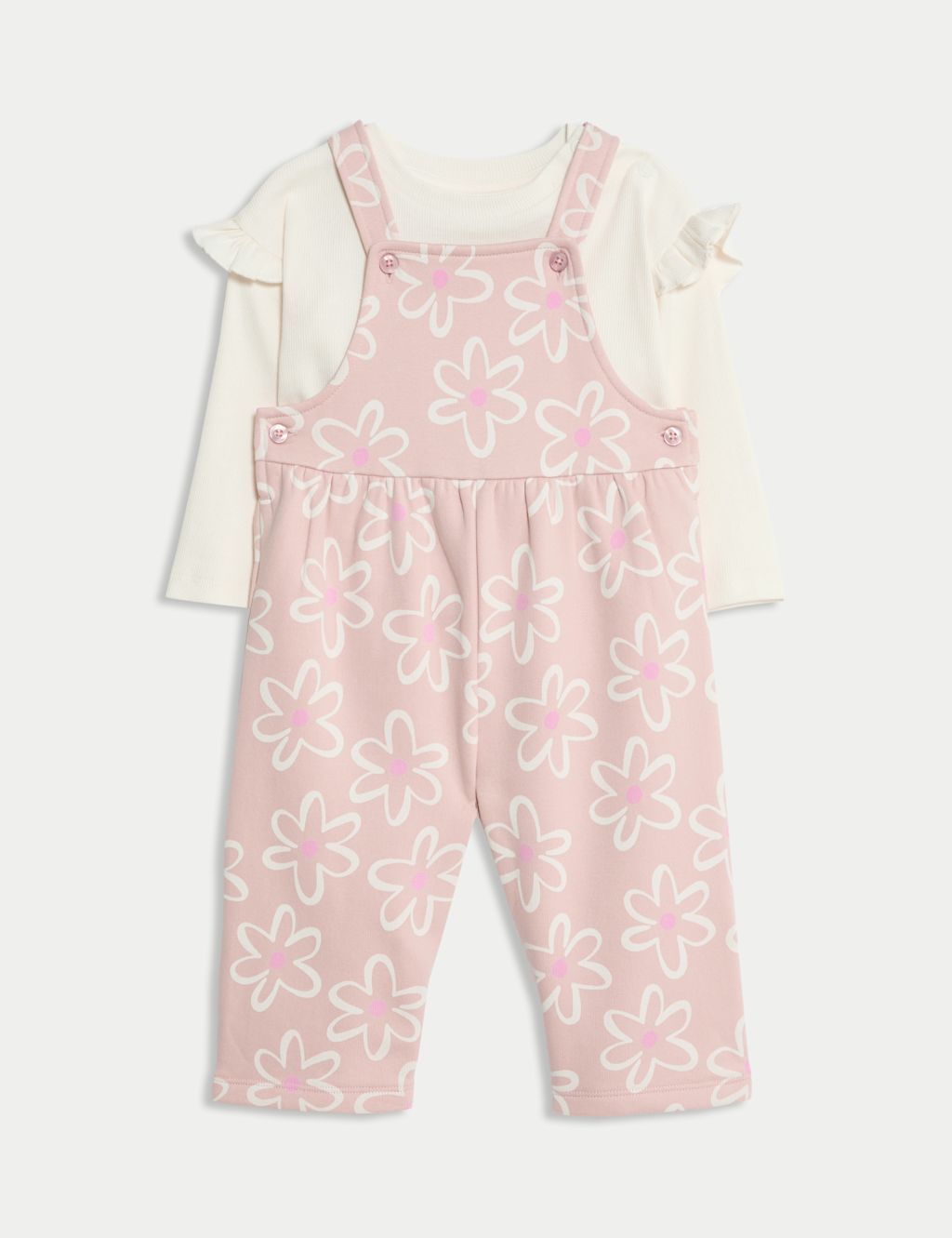 M&S 2pc Cotton Rich Floral Dungaree Outfit (0 Mths - 3 Yrs) - 2-3Y - Pink, Pink