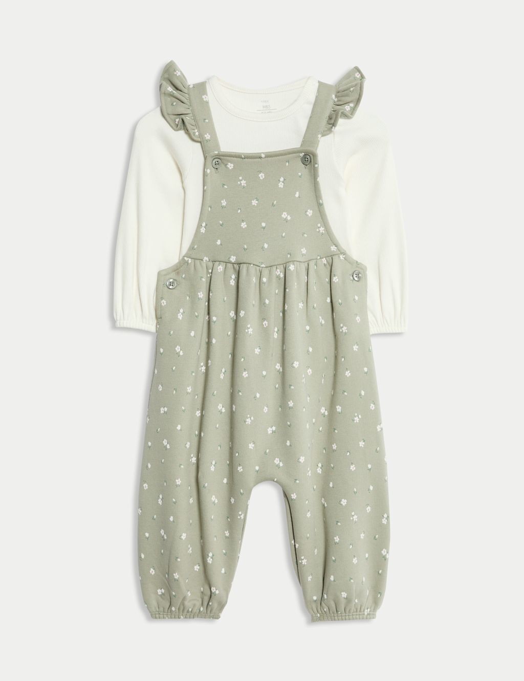 M&S 2pc Cotton Rich Patterned Dungaree Outfit (0 Mths - 3 Yrs) - 0-3 M - Green Mix, Green Mix