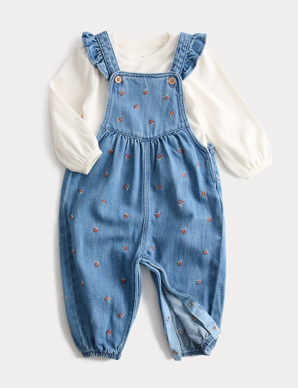 M&S 2pc Cotton Rich Denim Dungaree Outfit (0-3 Yrs) - 0-3 M, Denim