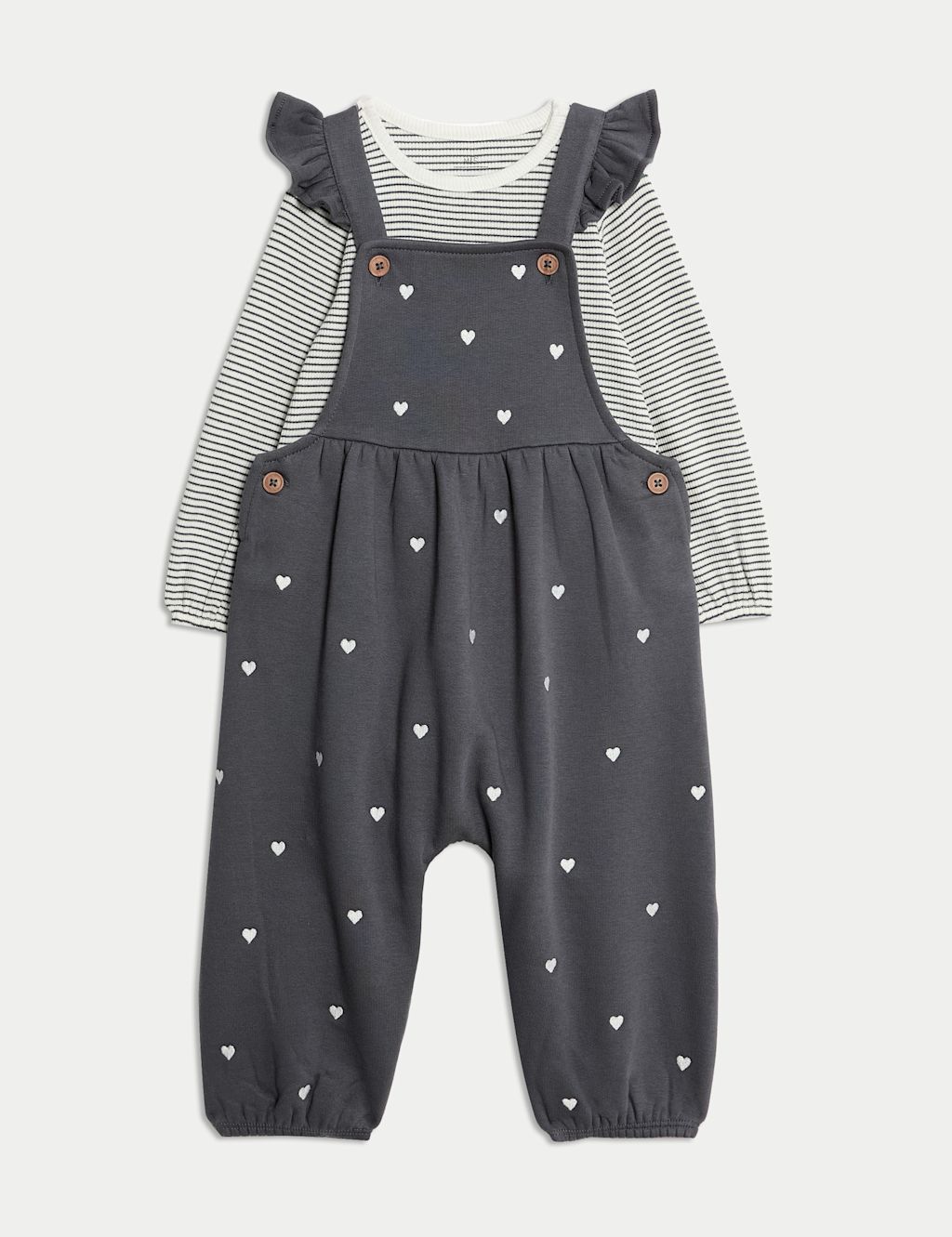 M&S 2pc Cotton Rich Ditsy Dungaree Outfit (0 Mths - 3 Yrs) - 18-24 - Charcoal Mix, Charcoal Mix