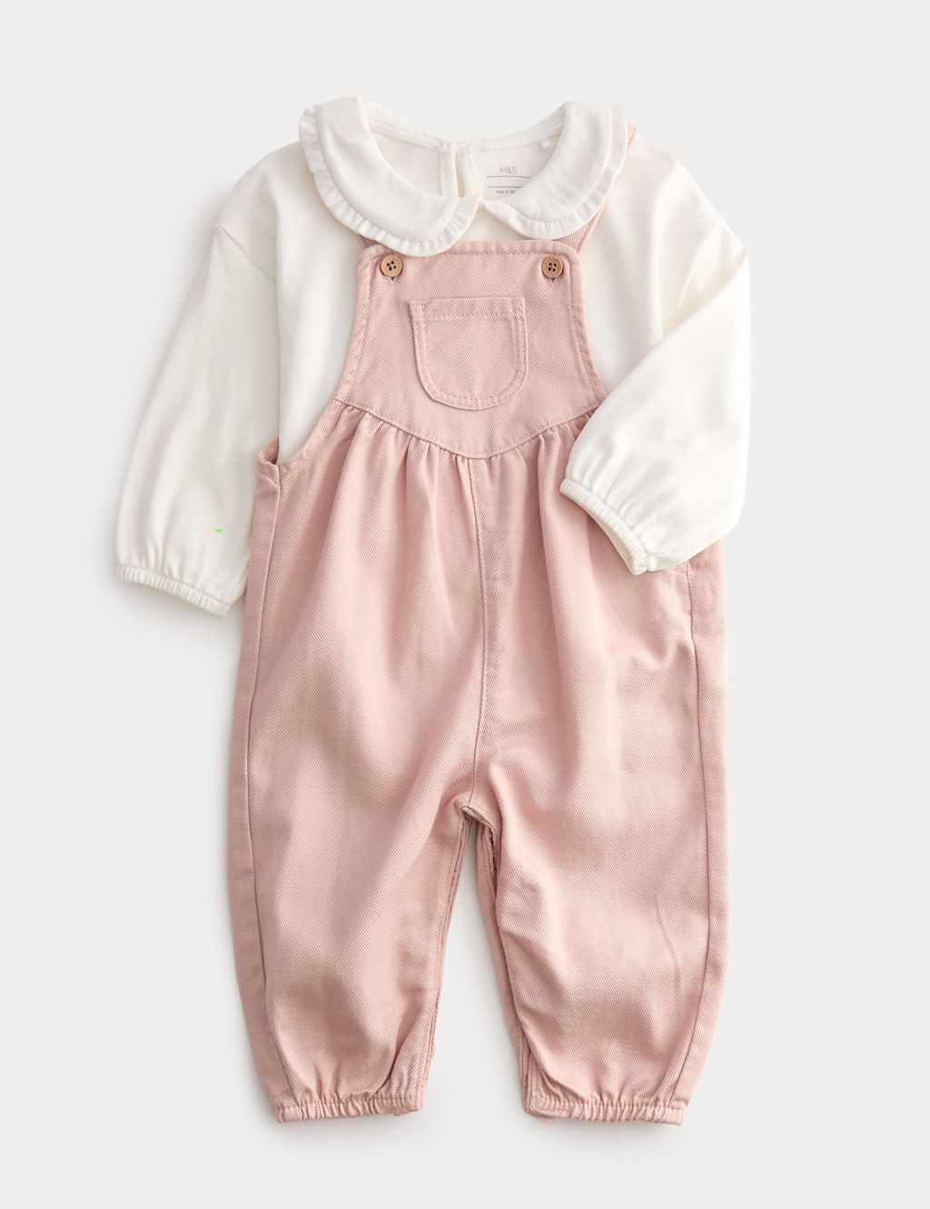 M&S 2pc Pink Twill Dungarees Outfit (0 Mths-3 Yrs) - 0-3 M, Pink