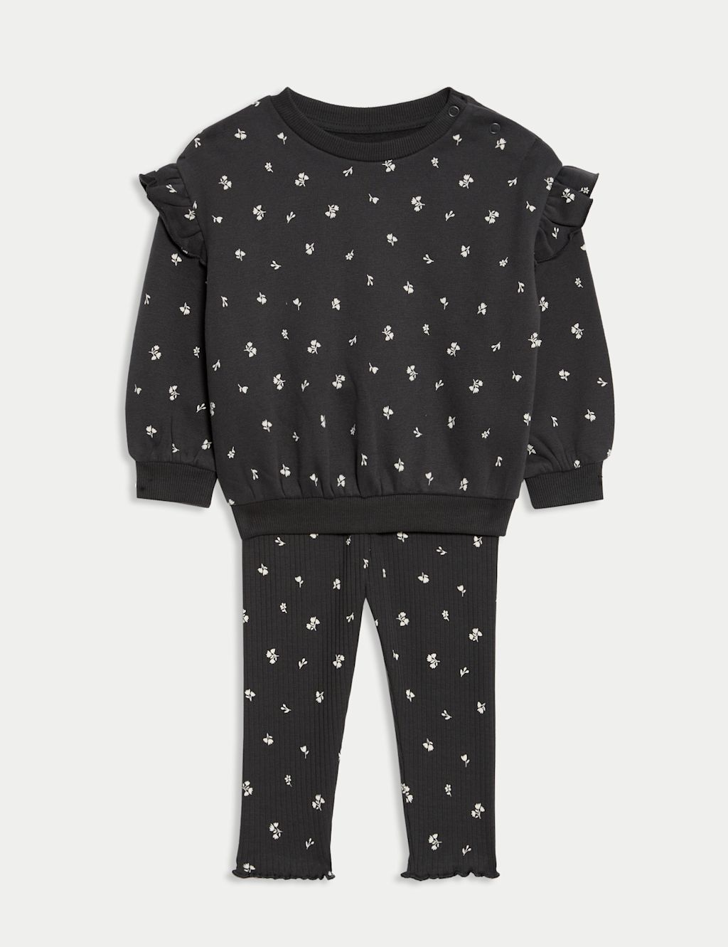 M&S 2pc Cotton Rich Ditsy Top & Bottom Outfit (0-6 Yrs) - 0-3 M - Grey, Grey