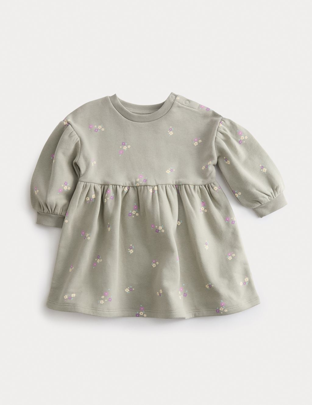 M&S Cotton Rich Ditsy Floral Sweatshirt Dress (0-3 Yrs) - 0-3 M - Green, Green