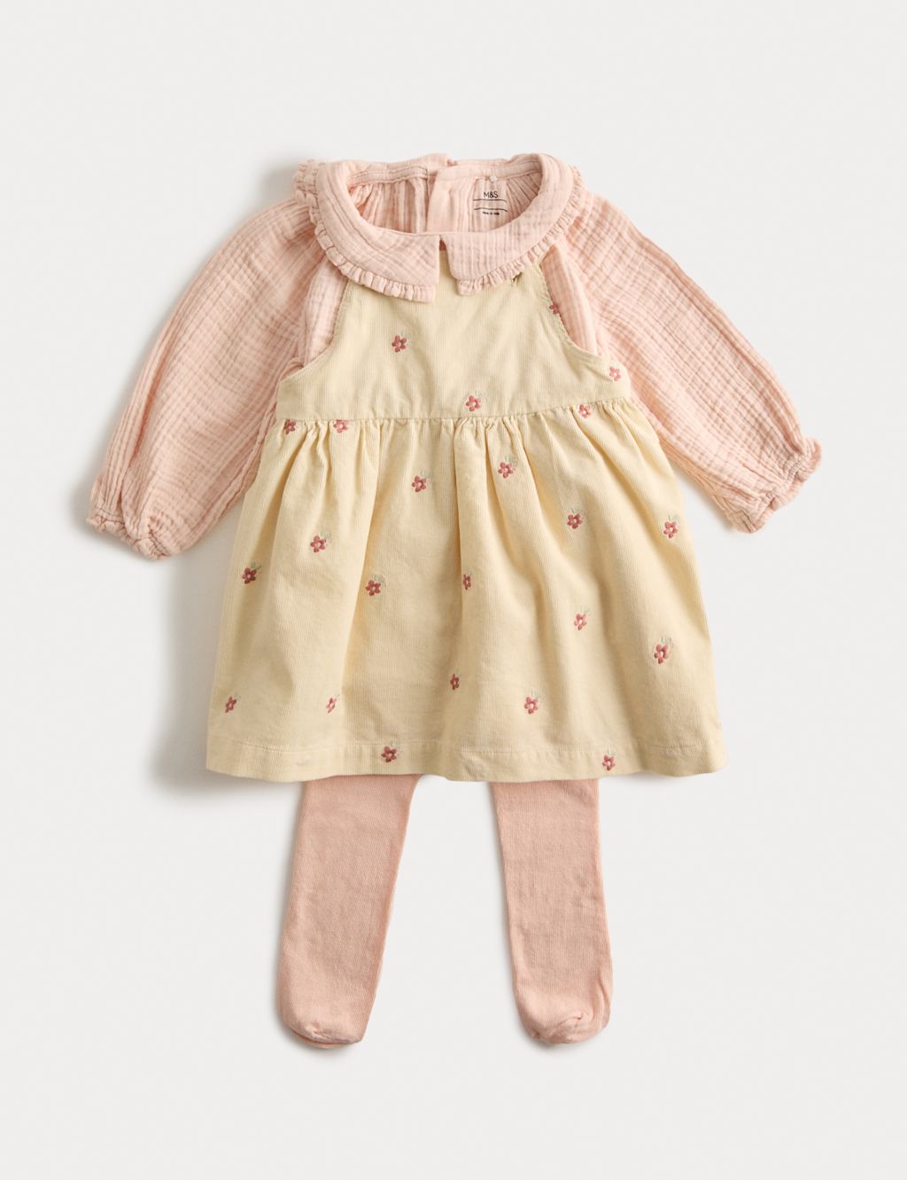 M&S 3pc Cotton Rich Cord Pinny Outfit (0-3 Yrs) - 6-9 M - Cream Mix, Cream Mix