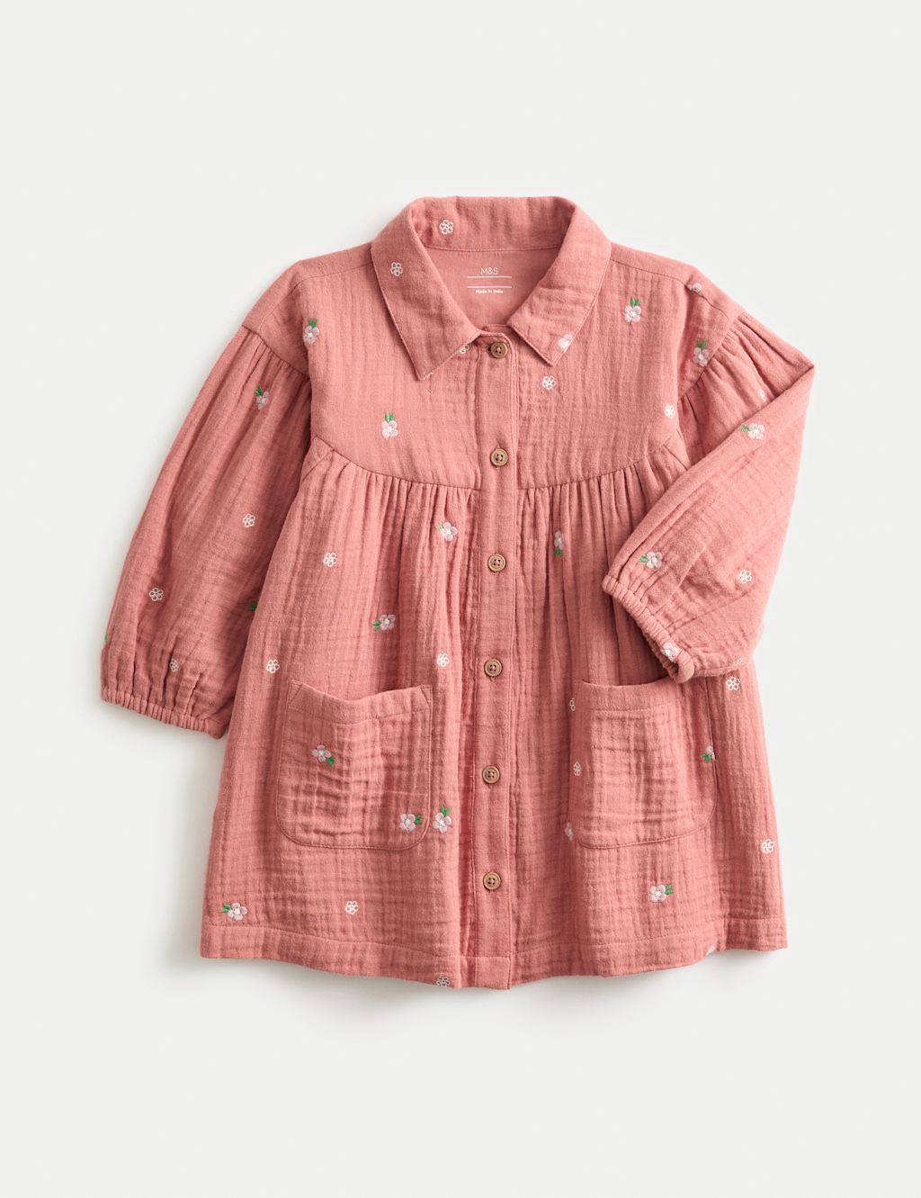 M&S Pure Cotton Embroidered Double Cloth Dress (0 Mths-3 Yrs) - 9-12M - Terracotta, Terracotta