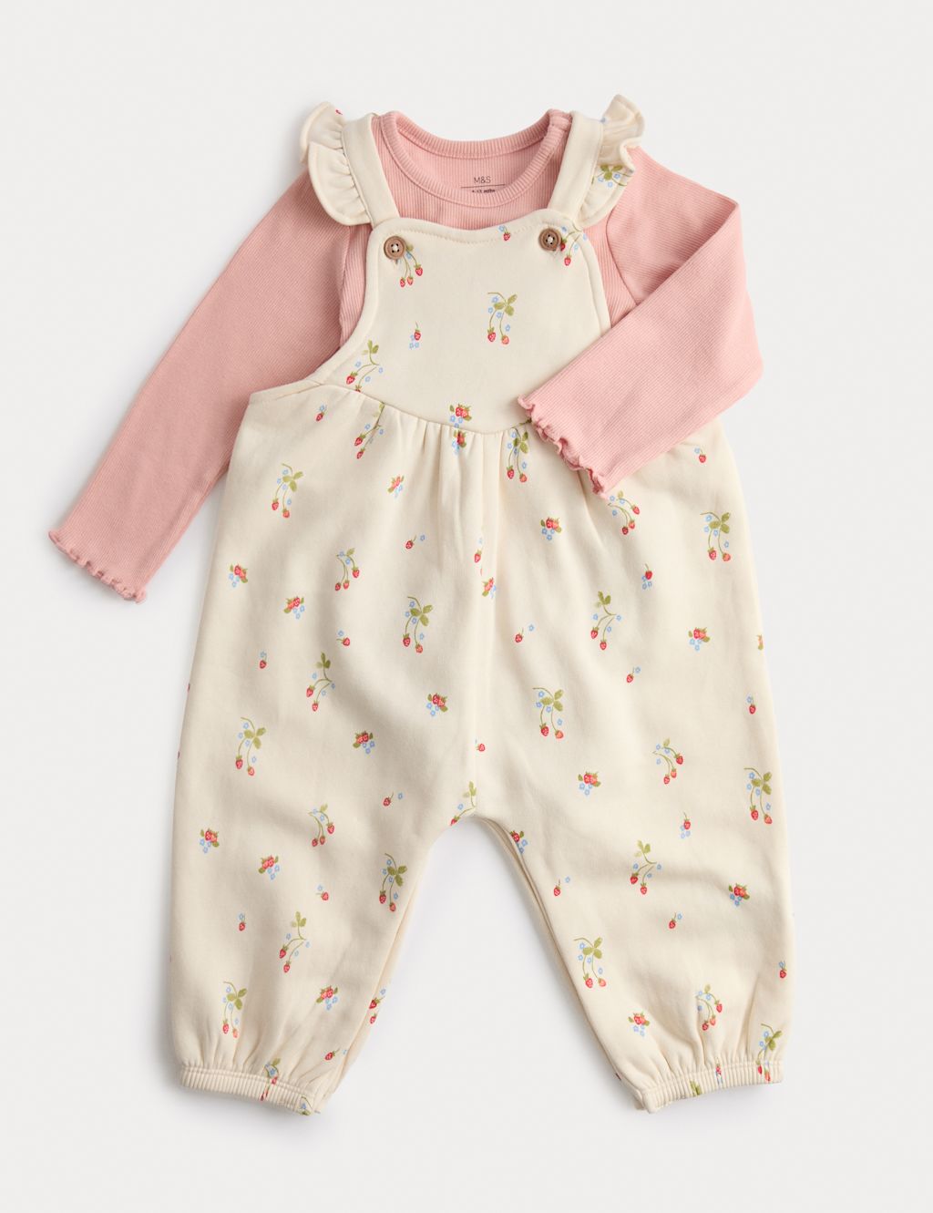M&S 2pc Cotton Strawberry Ditsy Dungarees Outfit (0-3 Yrs) - 18-24 Months - Cream Mix, Cream Mix
