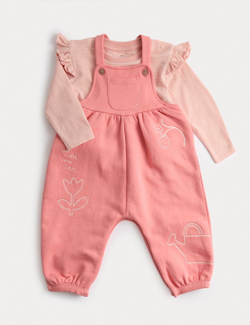 M&S 2pc Cotton Rich Jersey Dungarees with Top (0-3 Yrs) - 12-18 Months - Pink Mix, Pink Mix