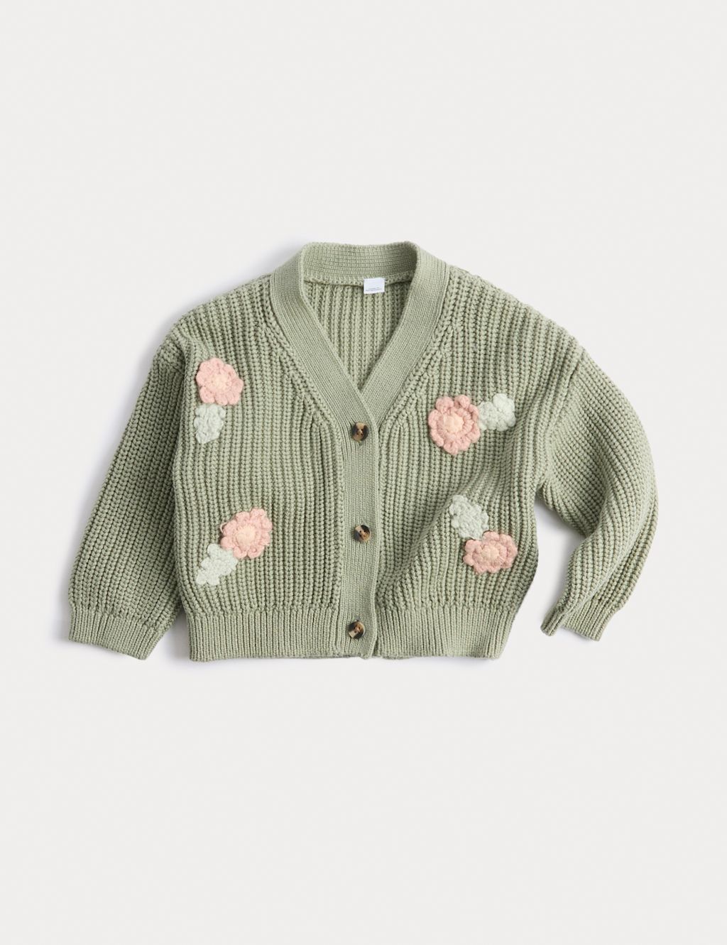 M&S Pure Cotton Knitted Flower Cardigan (0-3 Yrs) - 0-3 M - Green, Green
