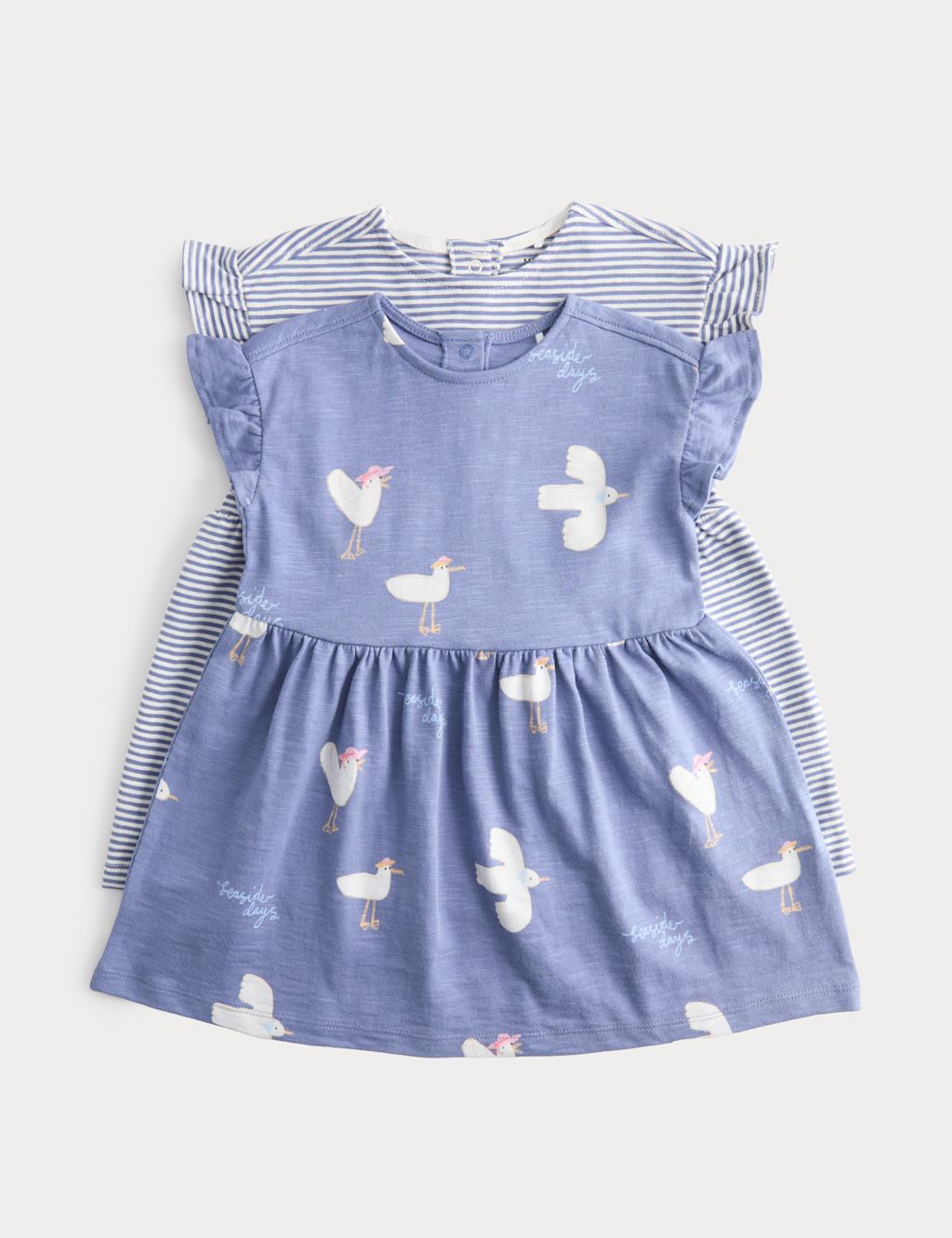 M&S 2 Pack Pure Cotton Bird & Striped Dresses (0-3 Yrs) - 6-9 Months - Blue Mix, Blue Mix