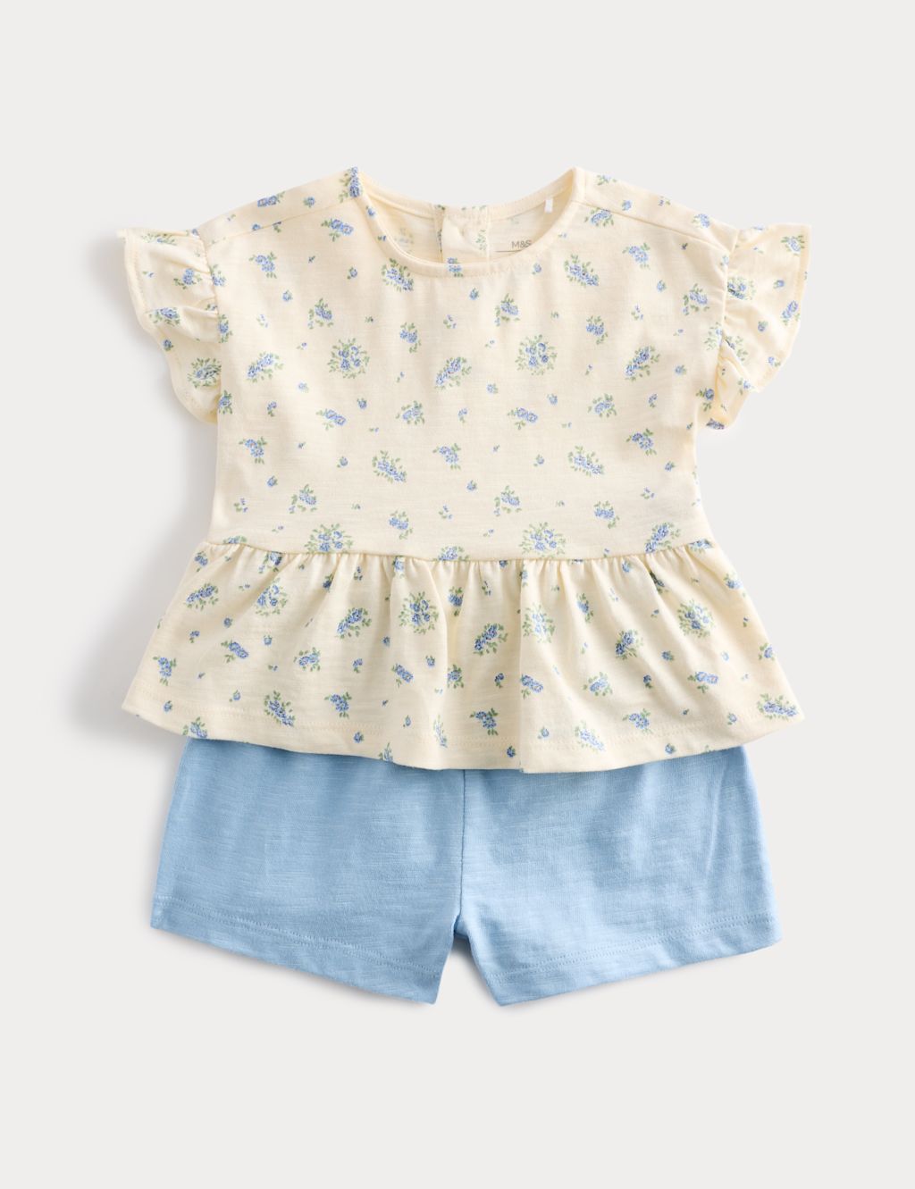 M&S 2 Piece Pure Cotton Jersey Ditsy Floral Top & Shorts (0-5 Yrs) - 12-18 Months - Blue Mix, Blue Mix