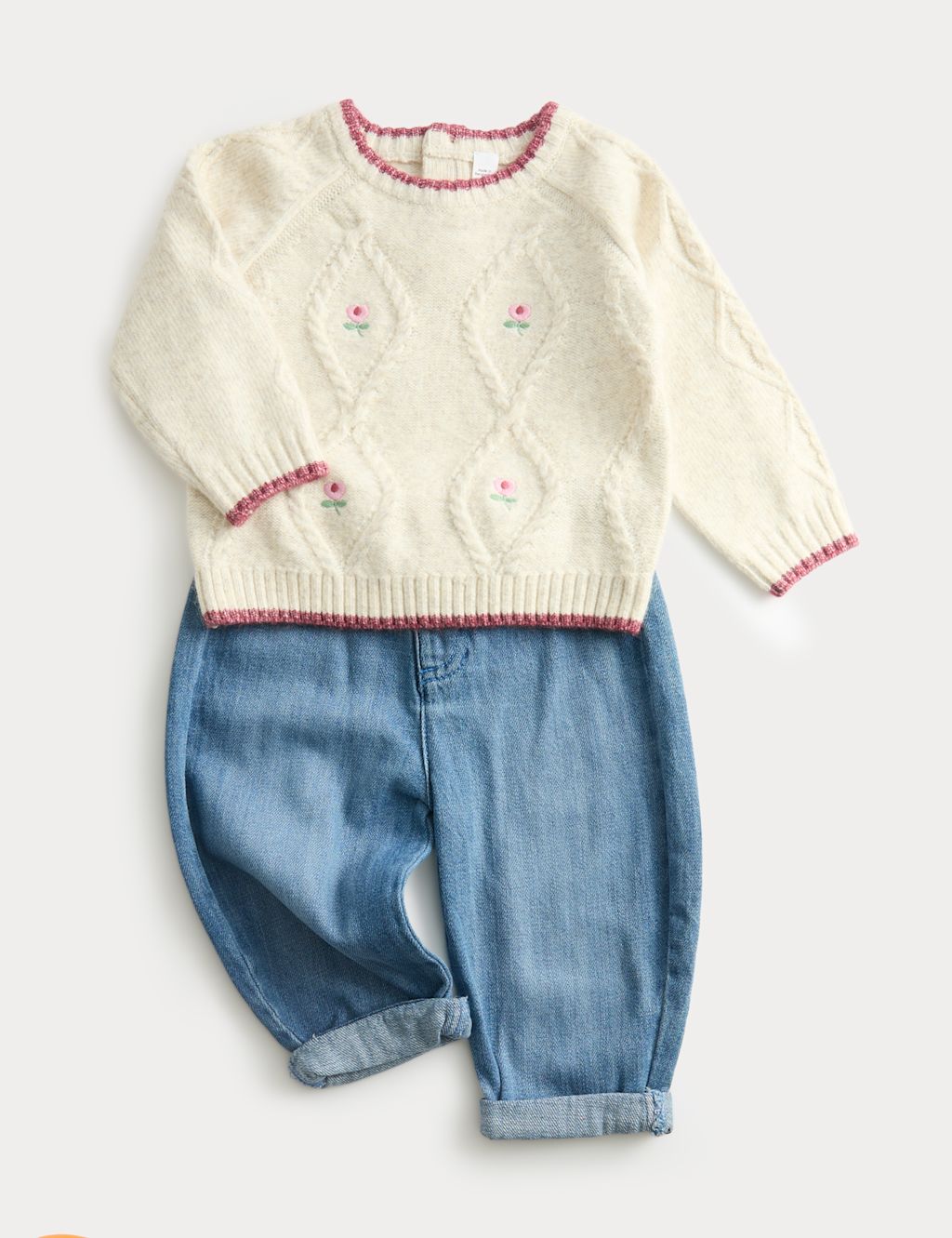 M&S 2pc Floral Cable Knit Jumper & Jeans Outfit (0 Mths-3 Yrs) - 18-24 - Multi, Multi