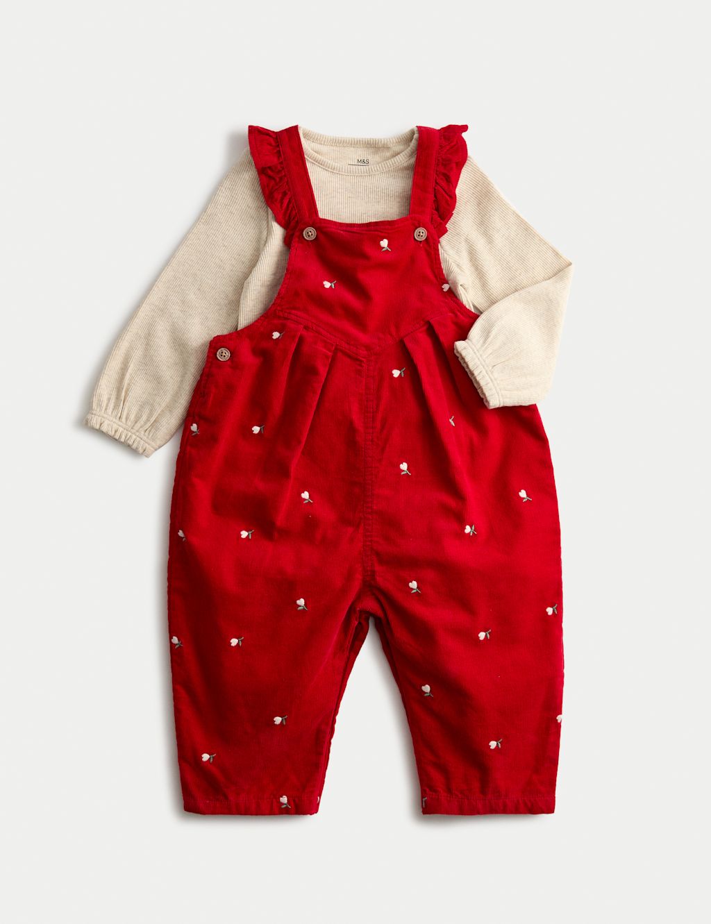 M&S 2pc Cotton Rich Floral Dungaree Outfit (0 Mths-3 Yrs) - 0-3 M - Red, Red