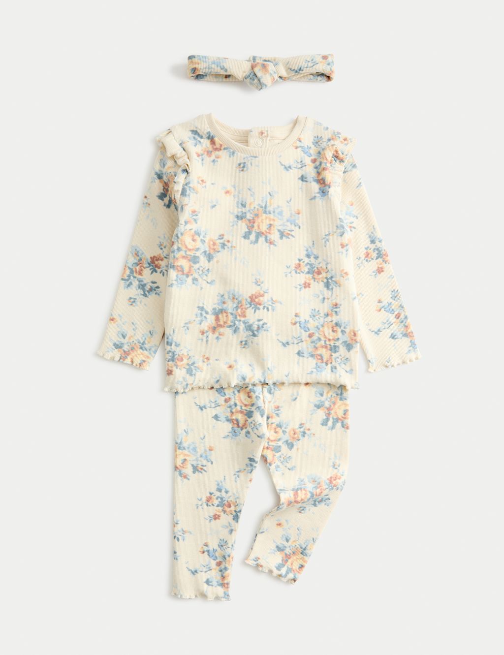 M&S 3pc Cotton Rich Jersey Floral Outfit (0-3 Yrs) - 12-18 - Cream Mix, Cream Mix