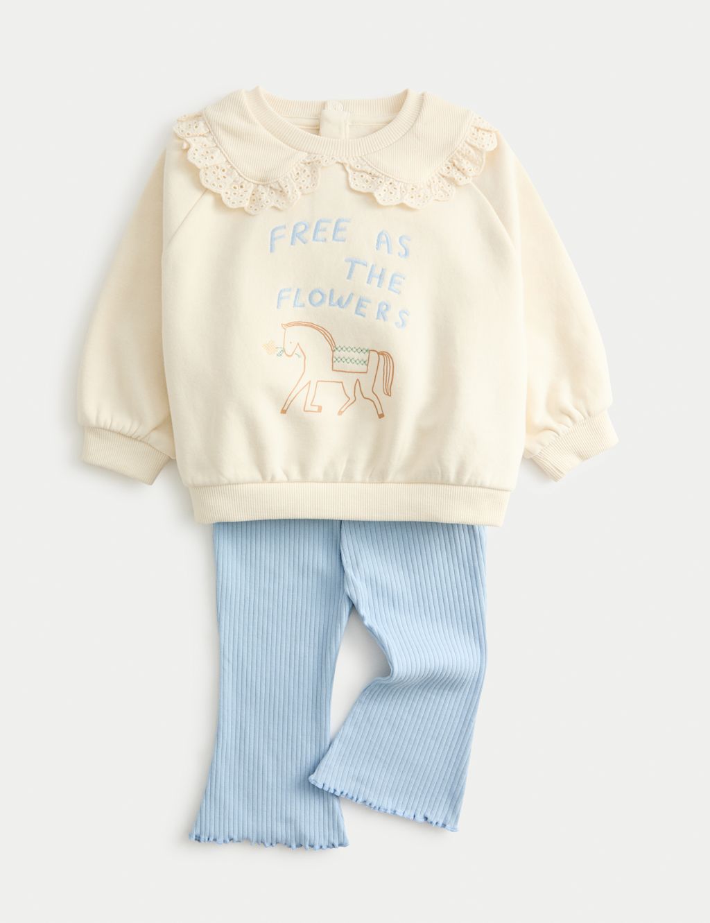 M&S 2pc Cotton Rich Horse Top & Bottom Outfit (0-6 Yrs) - 6-9 M - Blue, Blue