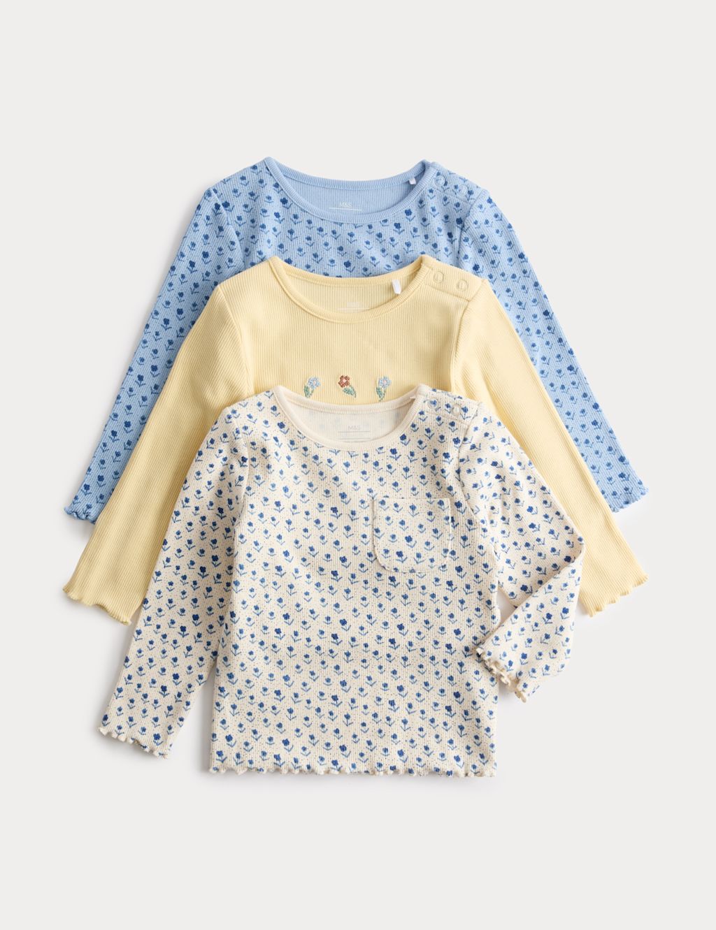 M&S 3 Pack Cotton Rich Floral Ribbed Tops (0-3 Yrs) - 2-3 Years - Multi, Multi