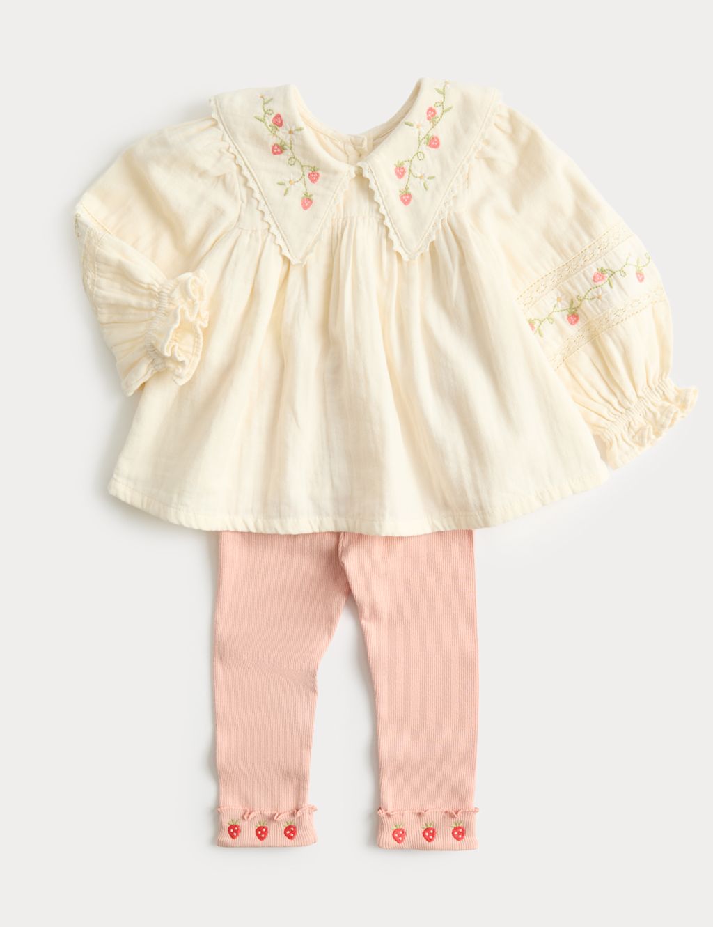 M&S 2 Piece Cotton Rich Embroidered Outfit (0-3 Yrs) - 12-18 Months - Cream Mix, Cream Mix