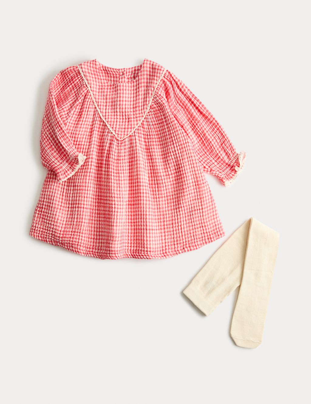 M&S 2 Piece Cotton Gingham Dress with Tights (0-3 Yrs) - 12-18 Months - Coral, Coral