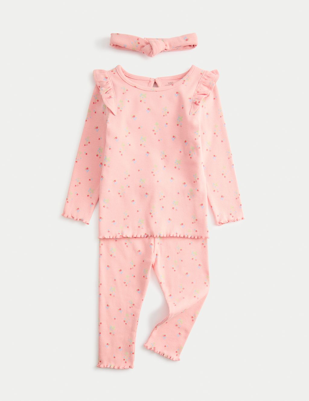 M&S 3pc Cotton Rich Jersey Strawberry Ditsy Outfit (0-3 Yrs) - 9-12 Months - Pink Mix, Pink Mix