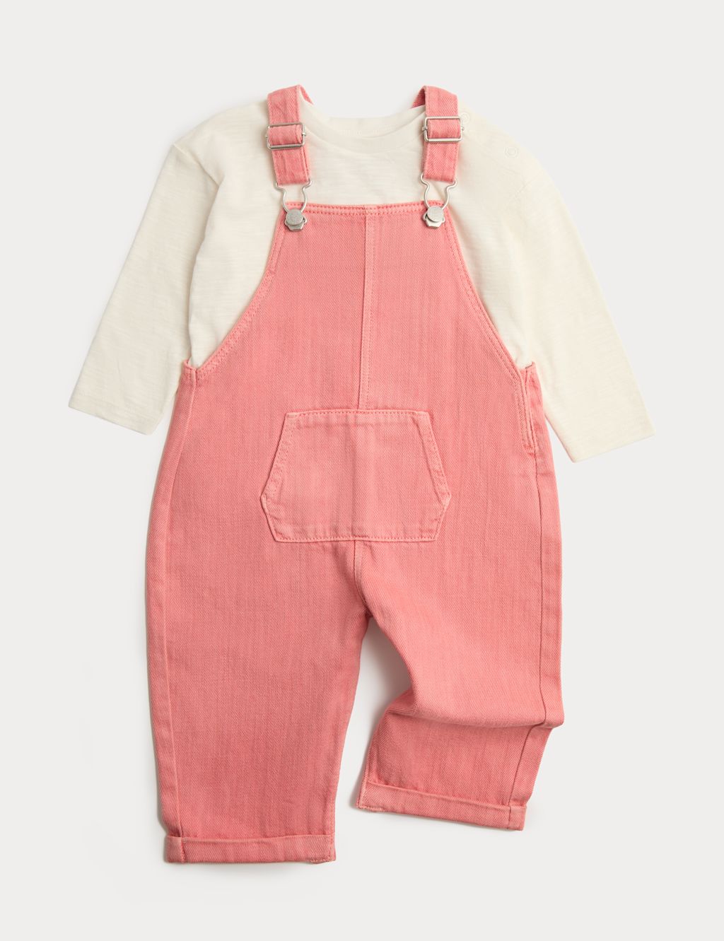 M&S 2 Piece Pink Denim Dungarees with Top (0-3 Yrs) - 0-3 Months, Pink