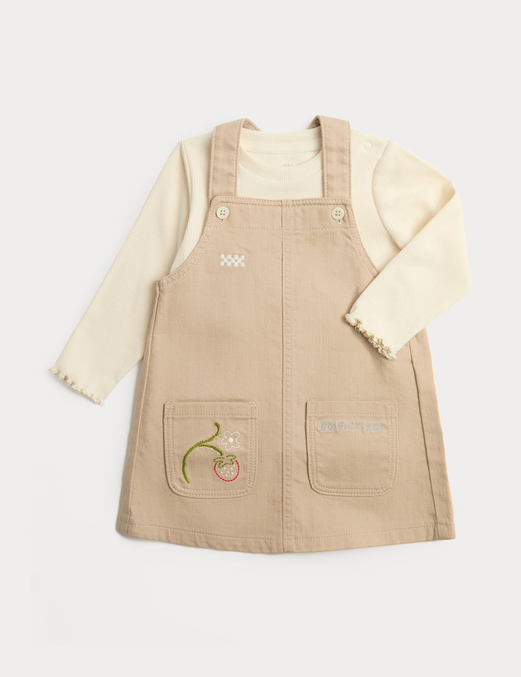 M&S 2 Piece Embroidered Pinny with Top (0-3 Yrs) - 0-3 Months - Beige, Beige