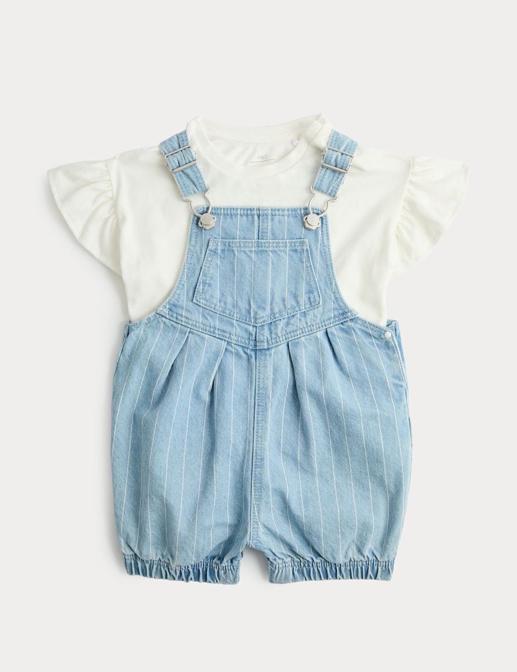 M&S 2 Piece Denim Striped Dungarees with Top (0-3 Yrs) - 0-3 Months, Denim