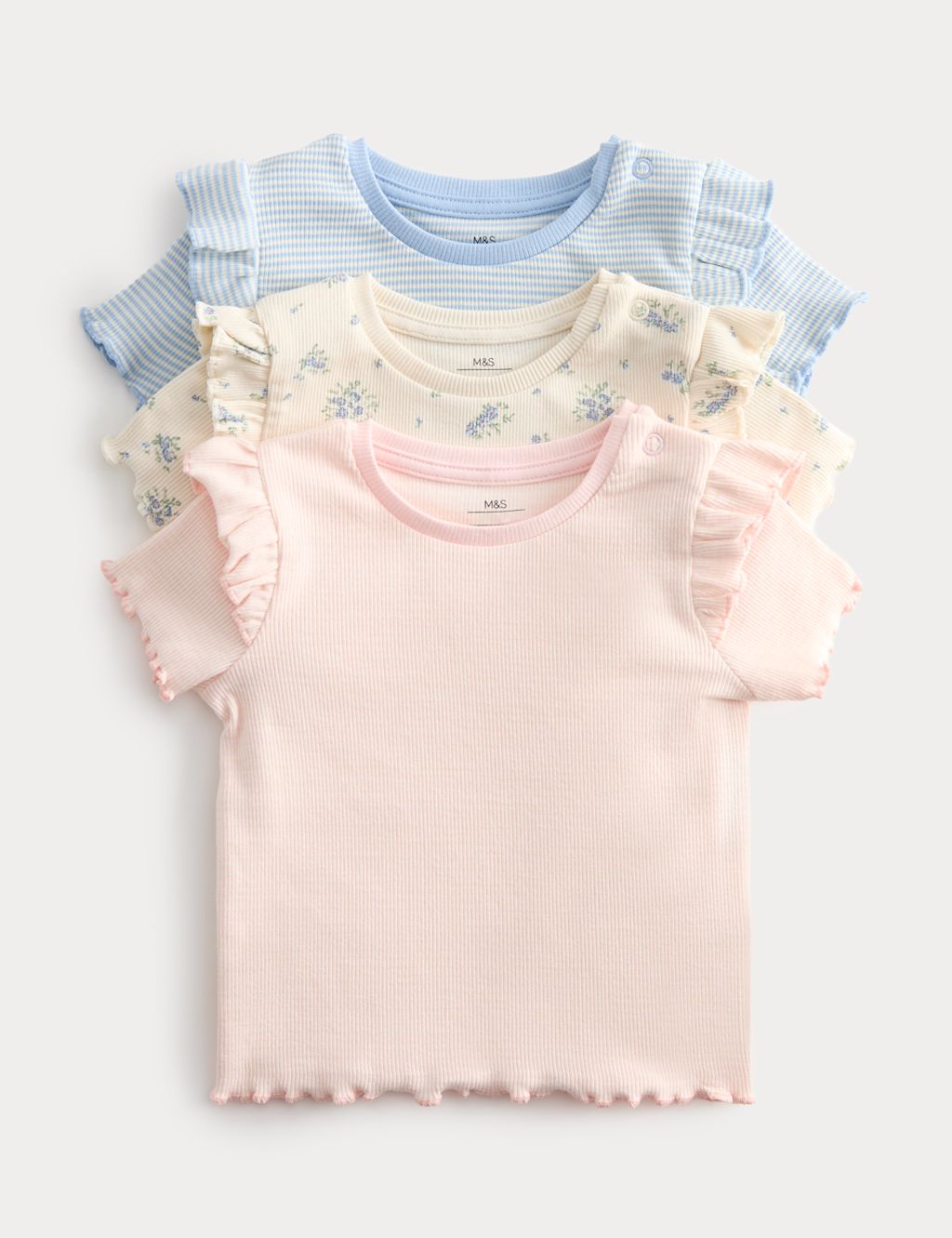 M&S 3 Pack Cotton Rich Ribbed Printed Tops (0-5 Yrs) - 6-9 Months - Multi, Multi