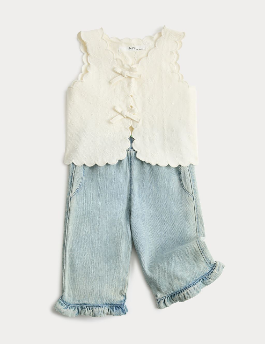 M&S 2 Piece Tie Front Waistcoat with Jeans (0-5 Yrs) - 0-3 Months - Denim Mix, Denim Mix