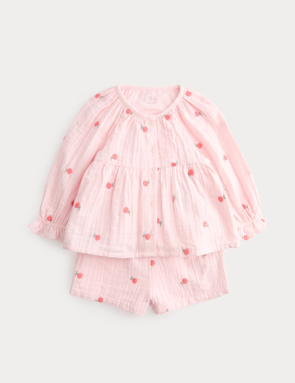 M&S 2 Piece Cotton Embroidered Blouse and Shorts (0-5 Yrs) - 12-18 Months - Pink, Pink