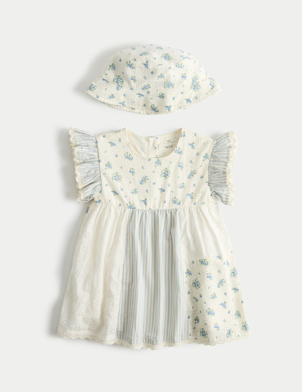 M&S 2 Piece Pure Cotton Dress with Hat (0-5 Yrs) - 0-3 Months - Blue Mix, Blue Mix