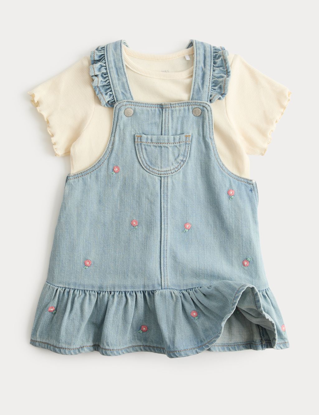 M&S 2 Piece Denim Embroidered Pinny Outfit (0-5 Yrs) - 0-3 Months - Denim Mix, Denim Mix